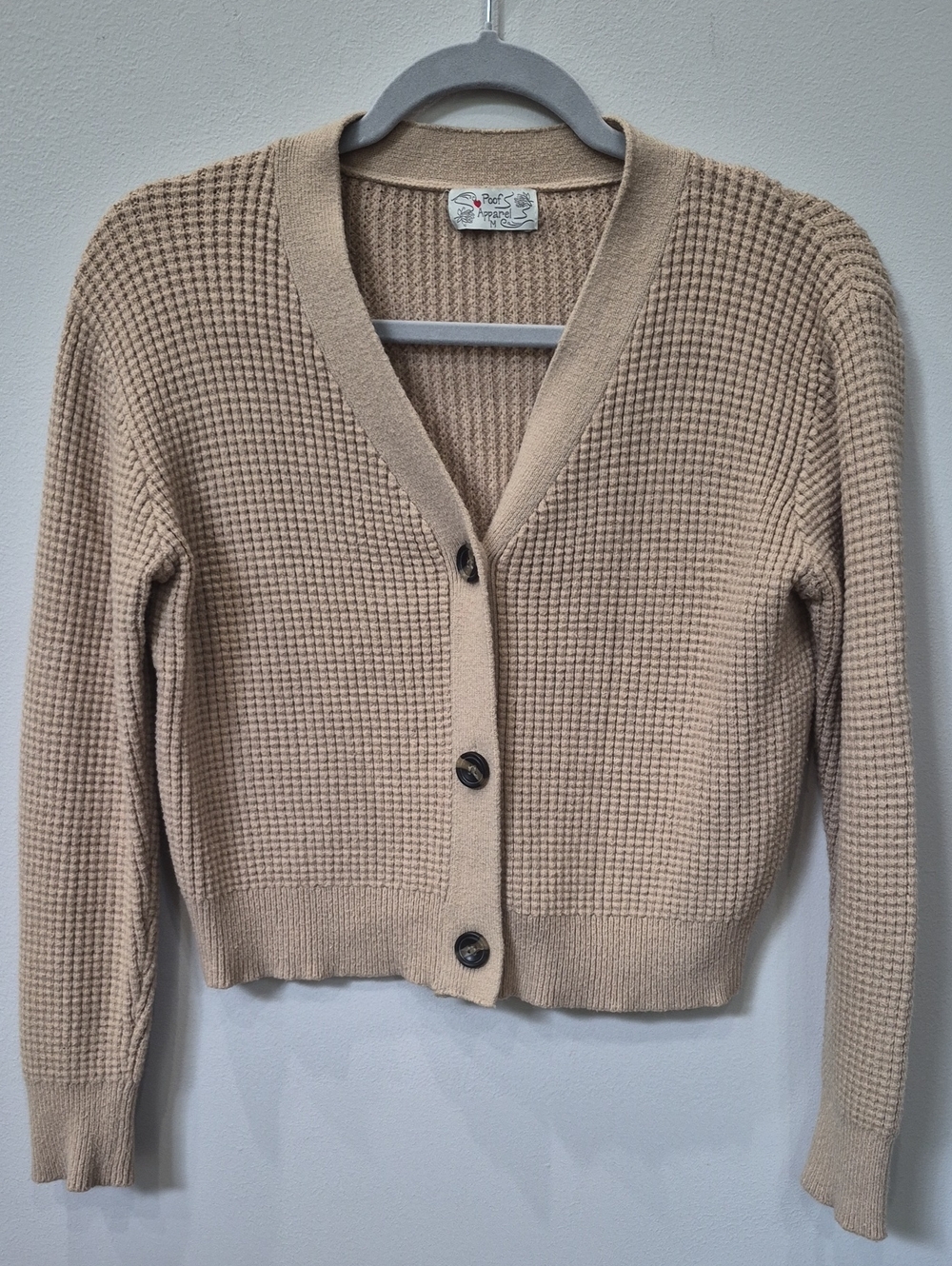 Poof! Sweater Womens M Neutral Waffle-Knit 3 Button Cropped Cardigan School